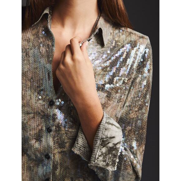 Anthropologie Pilcro Boho Tie Dye Sequin Long Sleeve Button Front Blouse S - Picture 2 of 8